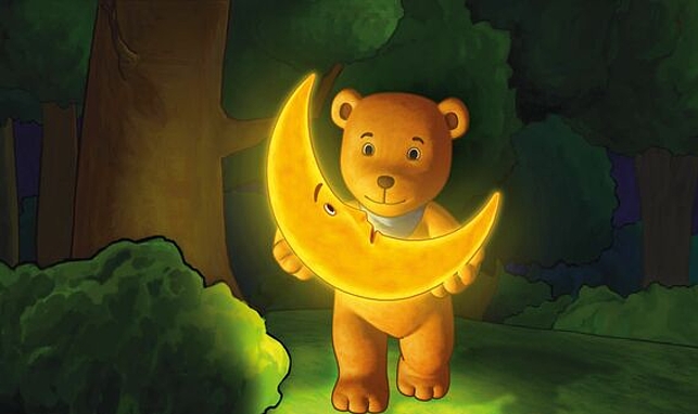 Zeichentrickbild. Bär trägt einen Halbmond in der Nacht.