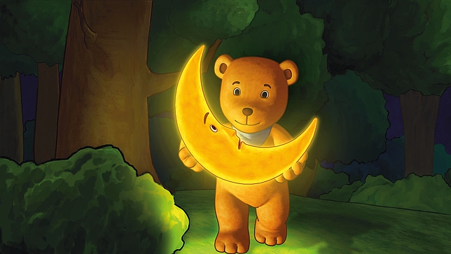 Ein Comic-Bär hält einen Comic-Mond in den Händen. Er steht in einem Wald.