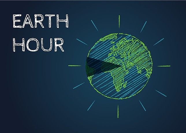 Der Schriftzug Earth Hour und eine von Hand gemalte Erde