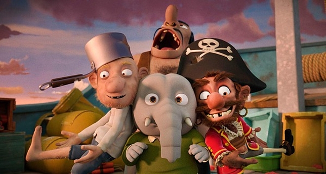 Vier Animationsfiguren auf einem Piratenschiff