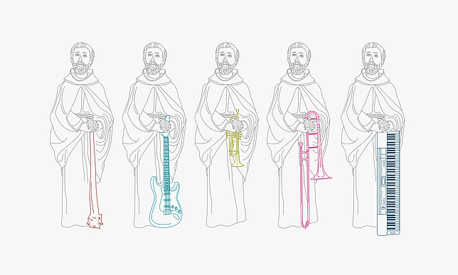 Fünf Fidelis Figuren mit fünf unterschiedlichen Instrumenten in den Händen