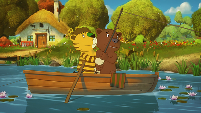 Ein Comic-Bär und ein Comic-Tiger sitzen in einem Boot und schwimmen auf einem Fluss. 
