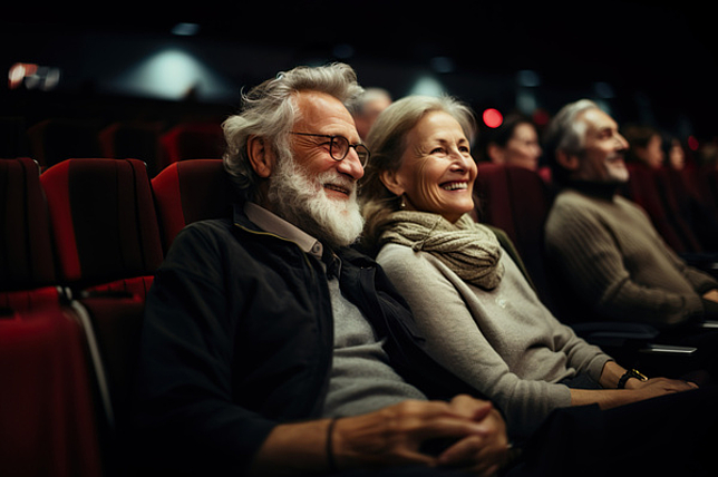Ein älterer Herr und eine ältere Dame sitzen in einem Kino.