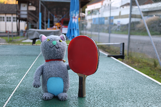 Das Maskottchen der Kinderstadtvertretung, die Katzenturm-Katze hält einen Tischtennis-Schläger.