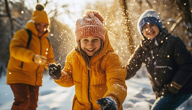 Drei Kinder spielen lachend im Schnee.